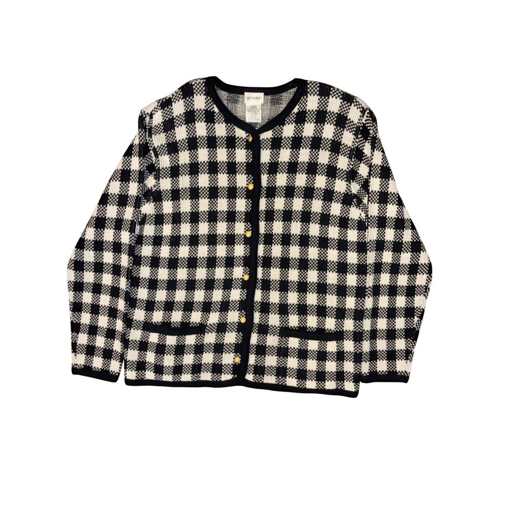 Liz Baker Cardigan L Black White Gingham Check Gold Button Retro Dark Academia